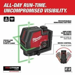 Tools & Equipment Milwaukee 3522-21 REDLITHIUM USB Rechargeable Green Cross W/ Plumb Points Laser