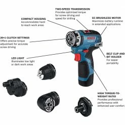 Tools & Equipment Bosch GSR12V-300FCB22 12V Max Brushless FlexiClick 5-in-1 Drill/Driver Kit