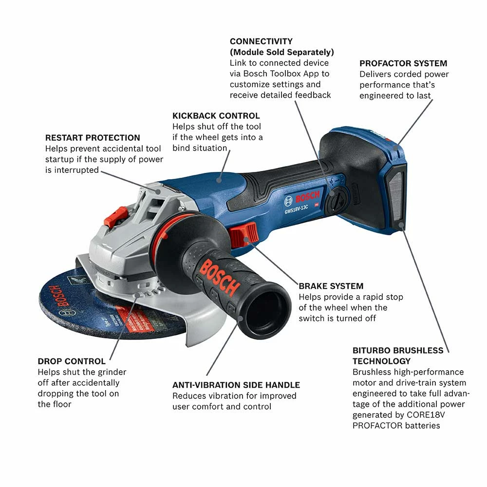 Bosch GWS18V-13CN 18V PROFACTOR 5"-6" Spitfire Angle Grinder - Bare Tool 4 Bosch GWS18V-13CN 18V PROFACTOR 5"-6" Spitfire Angle Grinder - Bare Tool