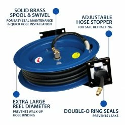 Cyclone Pneumatic 1/2” X 50’ 300 PSI Retractable Air Hose Reel W/ Rubber Hose