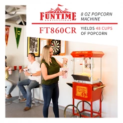 FunTime FT860CR 8oz Premium Red/Gold Popcorn Popper Machine Maker Cart Vintage