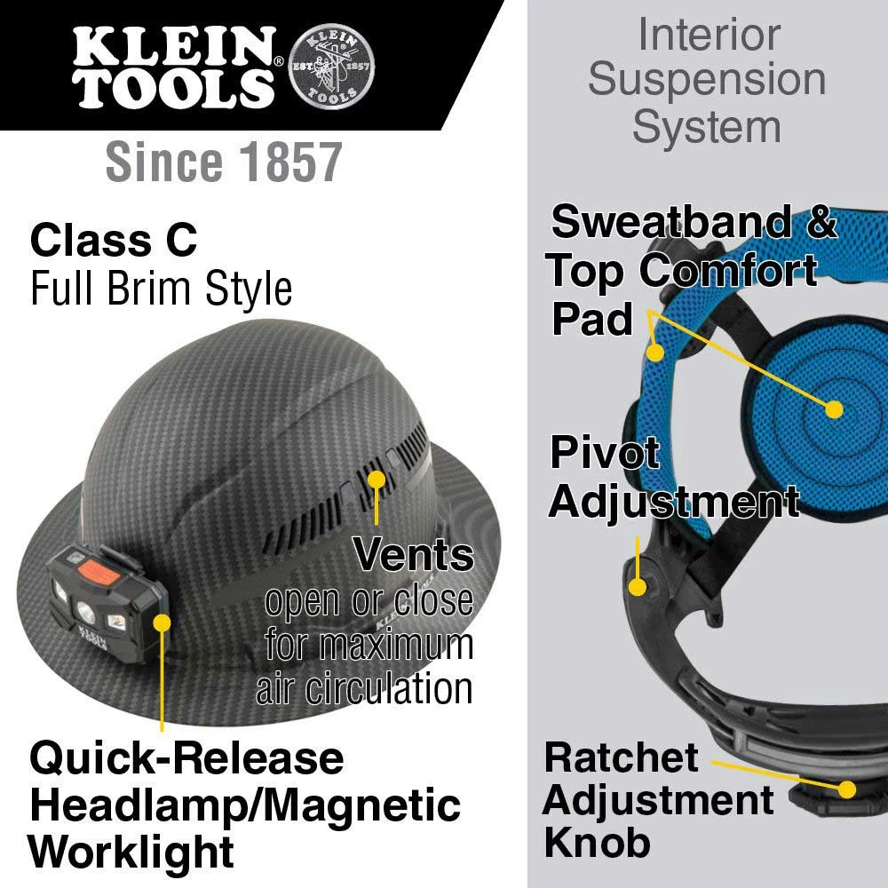 Tools & Equipment Klein 60347 Hard Hat Premium KARBN Vented Full Brim Class C W/ Headlamp 4 Tools & Equipment Klein 60347 Hard Hat Premium KARBN Vented Full Brim Class C W/ Headlamp