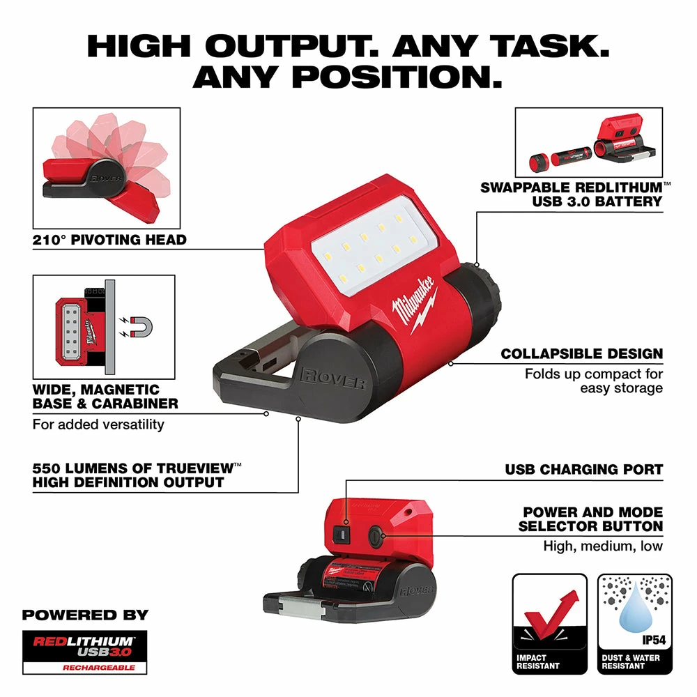 Tools & Equipment Milwaukee 2114-21 550-Lumen USB Rechargeable Rover Pivoting Flood Light 5 Tools & Equipment Milwaukee 2114-21 550-Lumen USB Rechargeable Rover Pivoting Flood Light