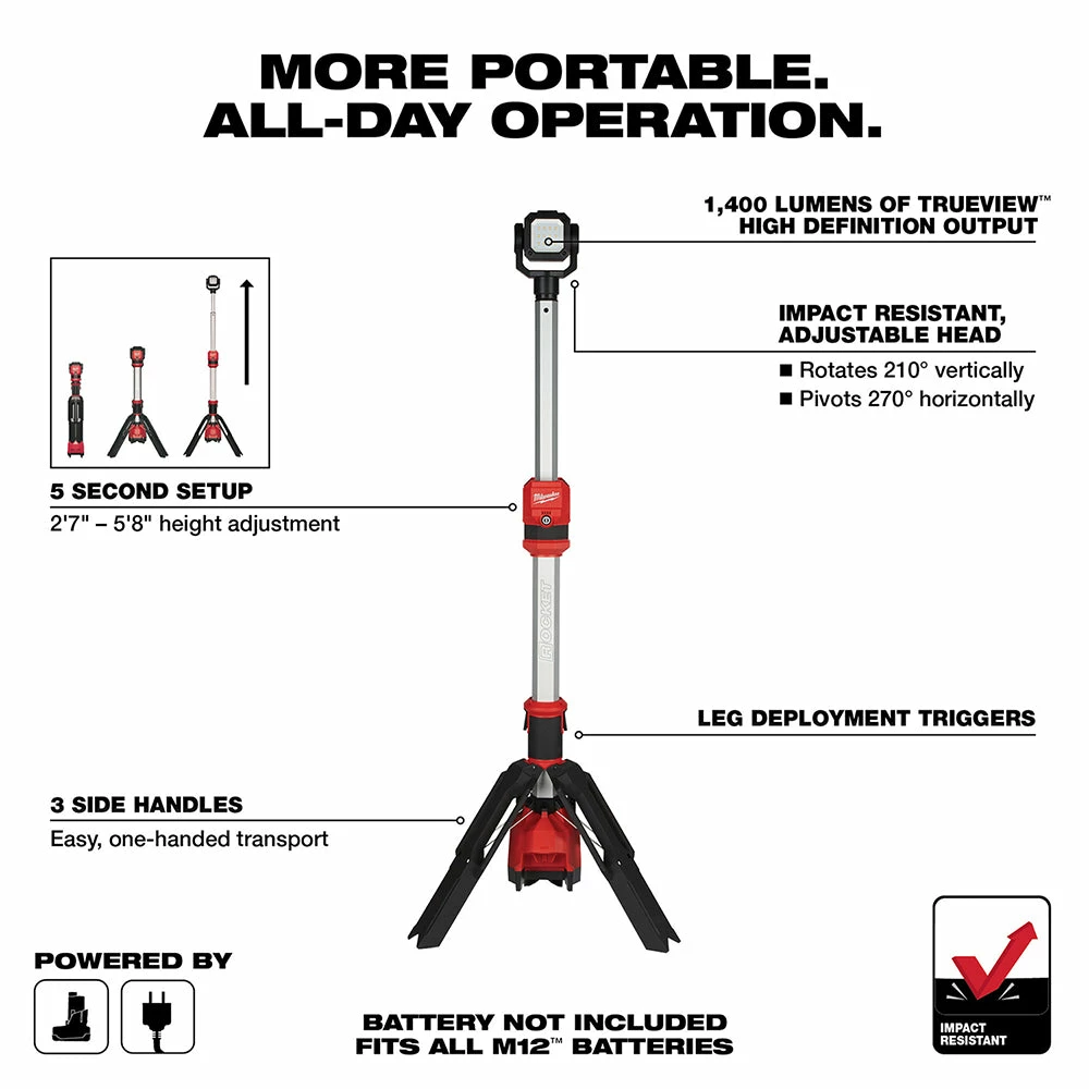 Tools & Equipment Milwaukee 2132-20 M12 12V 1,400-Lumen Dual Power Tower Light - Bare Tool 4 Tools & Equipment Milwaukee 2132-20 M12 12V 1,400-Lumen Dual Power Tower Light - Bare Tool