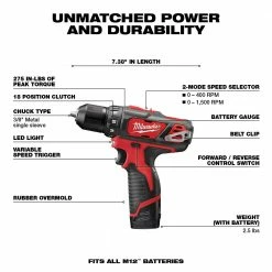 Tools & Equipment Milwaukee 2407-22 M12 12V 3/8" Drill/Driver Kit 11 Tools & Equipment Milwaukee 2407-22 M12 12V 3/8