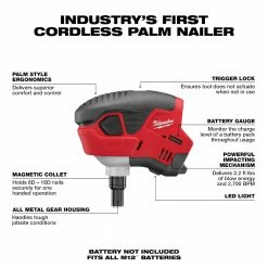 Milwaukee 2458-20 M12 12V Palm Nailer W/ Hand Strap - Bare Tool 13 Milwaukee 2458-20 M12 12V Palm Nailer W/ Hand Strap - Bare Tool
