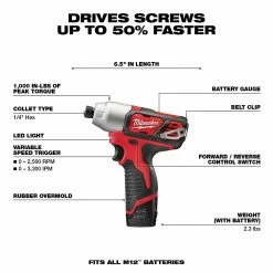 Milwaukee 2462-22 M12 12V 1/4-Inch Hex Impact Driver Kit 11 Milwaukee 2462-22 M12 12V 1/4-Inch Hex Impact Driver Kit