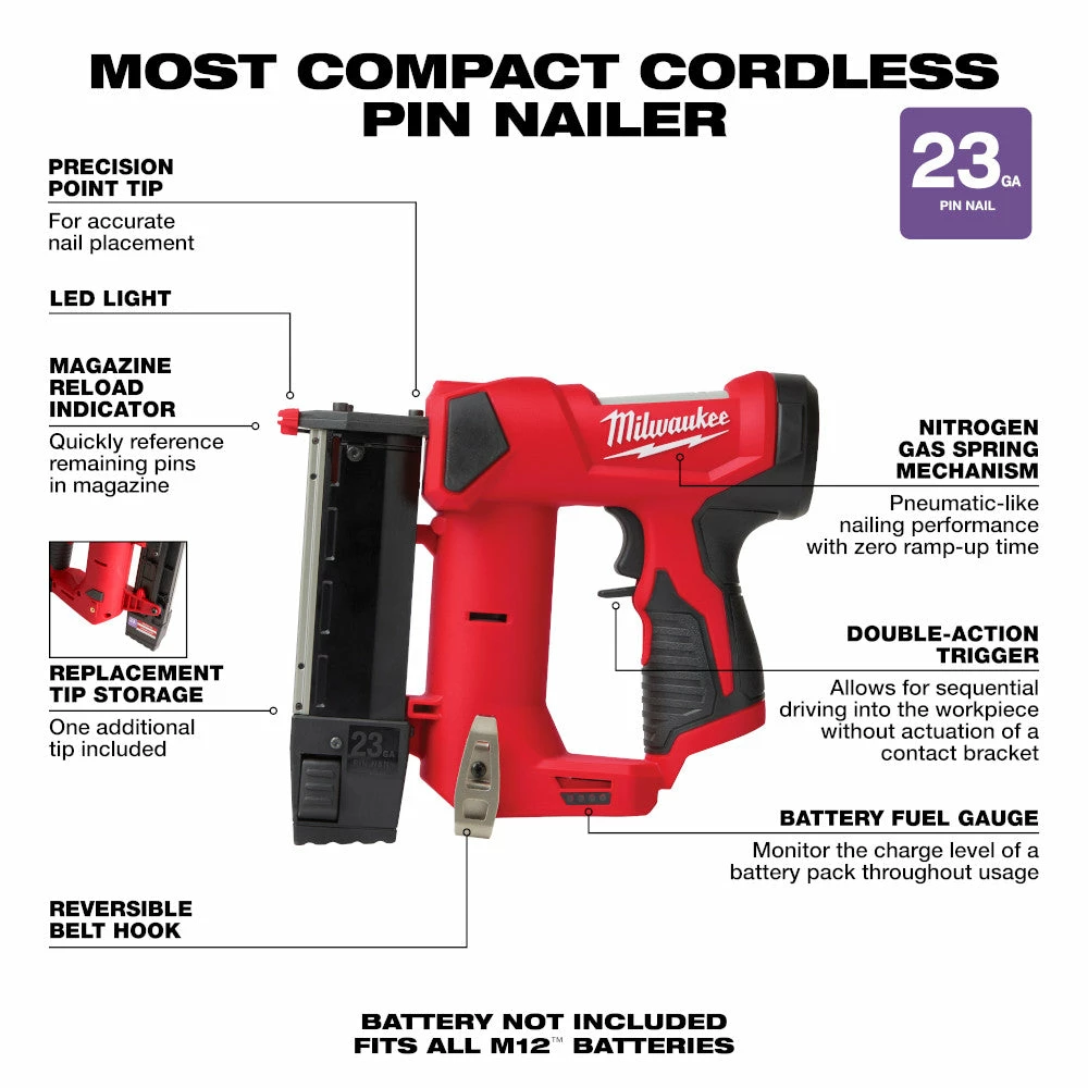 Milwaukee 2540-20 M12 12V 23 Gauge Compact Cordless Pin Nailer - Bare Tool Tools & Equipment 6 Milwaukee 2540-20 M12 12V 23 Gauge Compact Cordless Pin Nailer - Bare Tool Tools & Equipment