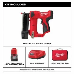 Milwaukee 2540-21 M12 12V 23 Gauge Lightweight Compact Cordless Pin Nailer Kit