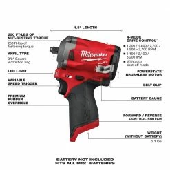 Milwaukee 2554-20 M12 FUEL 12V 3/8-Inch Stubby Impact Wrench - Bare Tool