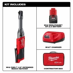 Tools & Equipment Milwaukee 2559-21 M12 FUEL 12V 1/4 Inch Extended Reach Ratchet 2.0 AH Kit