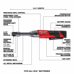 Tools & Equipment Milwaukee 2559-21 M12 FUEL 12V 1/4 Inch Extended Reach Ratchet 2.0 AH Kit