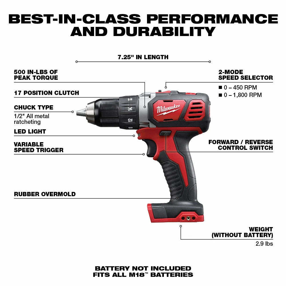Tools & Equipment Milwaukee 2606-20 M18 18V Compact 1/2-Inch Drill Driver - Bare Tool 4 Tools & Equipment Milwaukee 2606-20 M18 18V Compact 1/2-Inch Drill Driver - Bare Tool