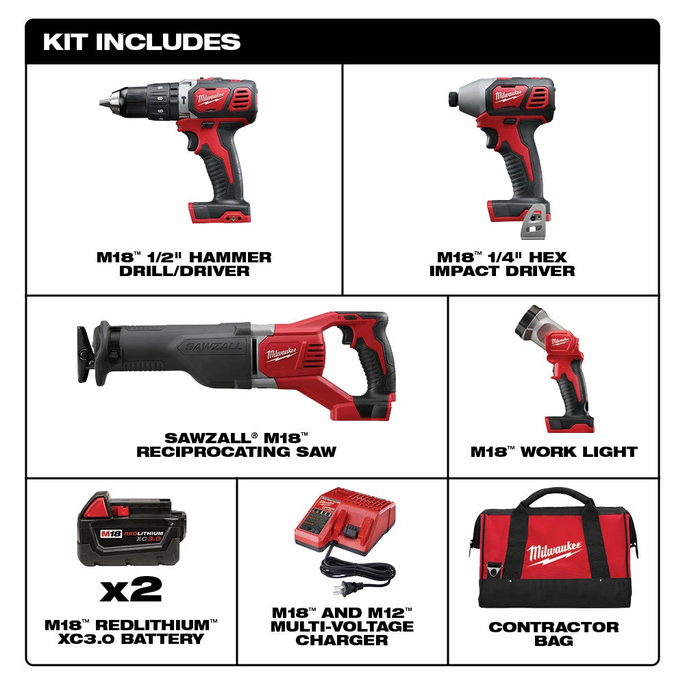 Tools & Equipment Milwaukee 2696-24 M18 18V Cordless Power Lithium-Ion 4-Tool Combo Kit 4 Tools & Equipment Milwaukee 2696-24 M18 18V Cordless Power Lithium-Ion 4-Tool Combo Kit