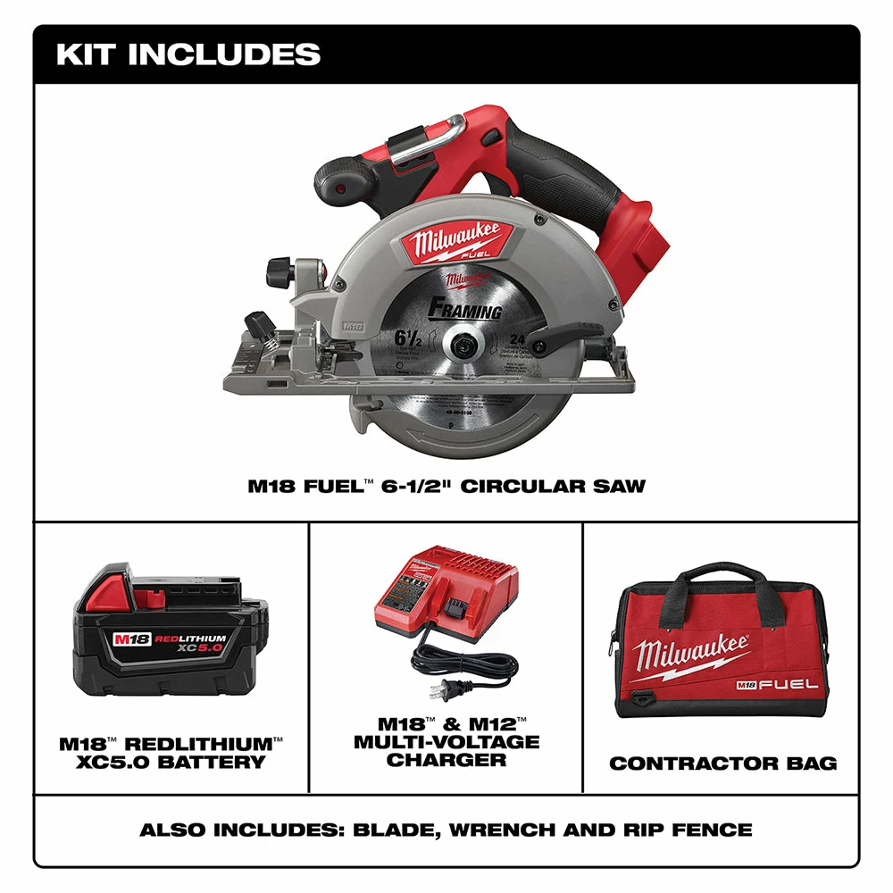 Milwaukee 2730-21 M18 FUEL 18V 6-1/2-Inch 5.0Ah Cordless Circular Saw Kit 4 Milwaukee 2730-21 M18 FUEL 18V 6-1/2-Inch 5.0Ah Cordless Circular Saw Kit