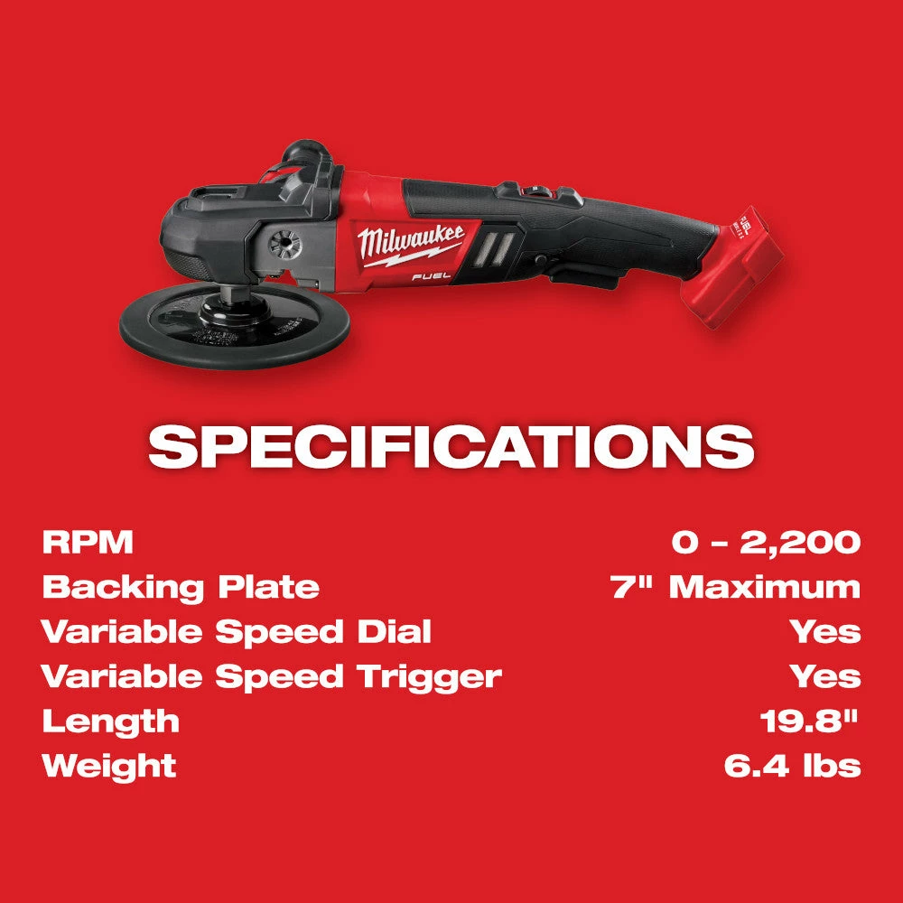 Milwaukee 2738-20 M18 18V FUEL 7” Cordless Lithium-Ion Polisher - Bare Tool Automotive 8 Milwaukee 2738-20 M18 18V FUEL 7” Cordless Lithium-Ion Polisher - Bare Tool Automotive