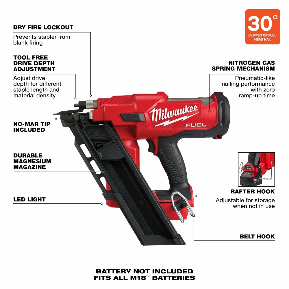 Milwaukee 2745-20 M18 FUEL 18V 30 Degree Lithium-Ion Framing Nailer - Bare Tool Tools & Equipment 10 Milwaukee 2745-20 M18 FUEL 18V 30 Degree Lithium-Ion Framing Nailer - Bare Tool Tools & Equipment