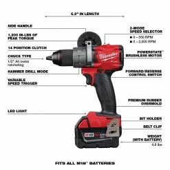 Tools & Equipment Milwaukee 2804-22 M18 FUEL 18V 1/2-Inch Lithium-Ion Brushless Hammer Drill Kit