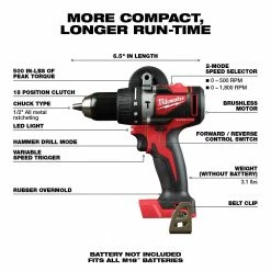 Milwaukee 2902-20 M18 18V 1/2-Inch Brushless Hammer Drill - Bare Tool Tools & Equipment