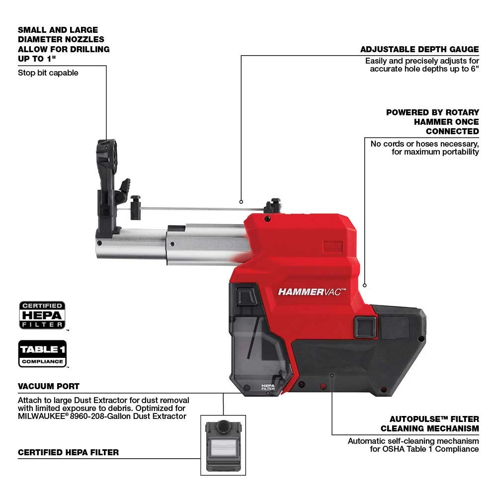 Milwaukee 2912-DE M18 FUEL HAMMERVAC 1" Dedicated Dust Extractor - Bare Tool 9 Milwaukee 2912-DE M18 FUEL HAMMERVAC 1" Dedicated Dust Extractor - Bare Tool