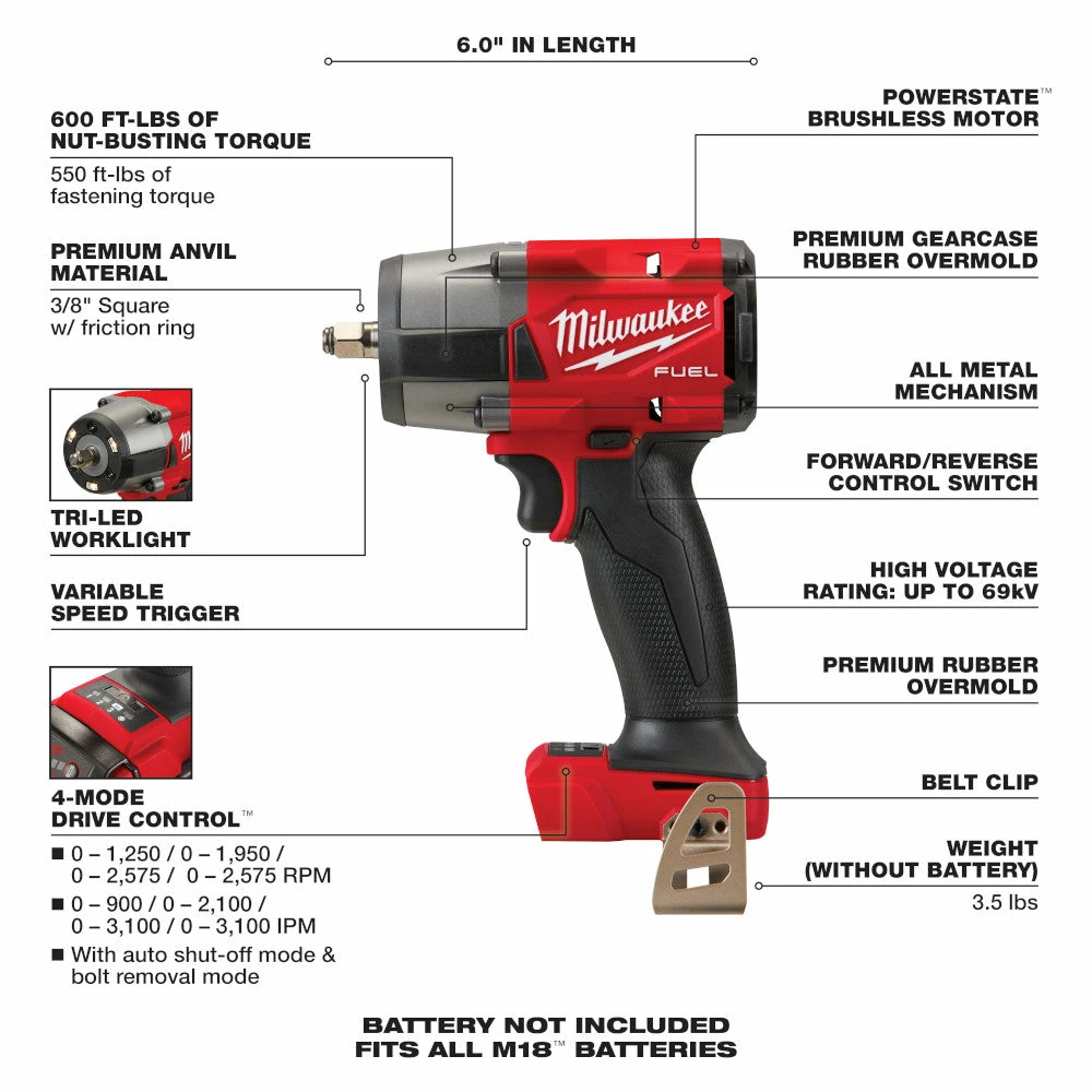 Milwaukee 2960-20 M18 FUEL 18V 3/8" Cordless Mid-Torque Impact Wrench -Bare Tool 9 Milwaukee 2960-20 M18 FUEL 18V 3/8" Cordless Mid-Torque Impact Wrench -Bare Tool