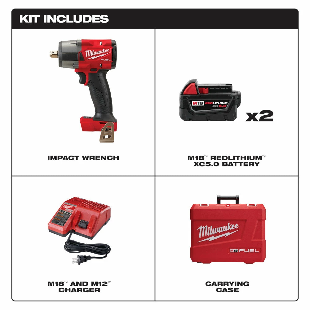 Tools & Equipment Milwaukee 2962P-22 M18 FUEL 18V 1/2" Cordless Li-Ion Mid Impact Wrench Kit 4 Tools & Equipment Milwaukee 2962P-22 M18 FUEL 18V 1/2" Cordless Li-Ion Mid Impact Wrench Kit