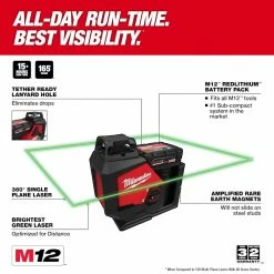 Milwaukee 3631-20 M12 360 Degree Green Beam Single Plane Laser - Bare Tool Tools & Equipment 18 Milwaukee 3631-20 M12 360 Degree Green Beam Single Plane Laser - Bare Tool Tools & Equipment