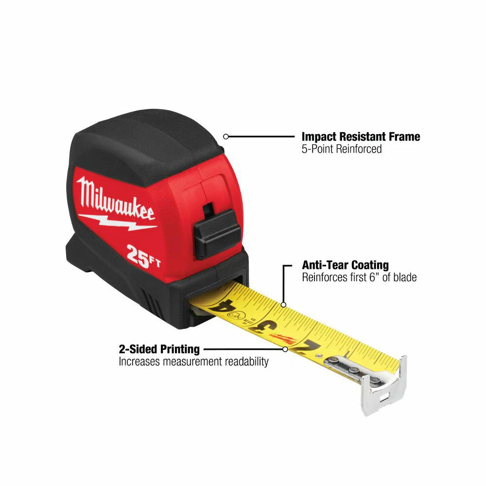 Milwaukee 48-22-0425 25 Ft Compact Wide Blade Tape Measure W/ 12 Ft Standout 4 Milwaukee 48-22-0425 25 Ft Compact Wide Blade Tape Measure W/ 12 Ft Standout