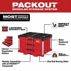 Milwaukee 48-22-8443 PACKOUT 3 Drawer Durable Tool Box W/ 50lbs Capacity