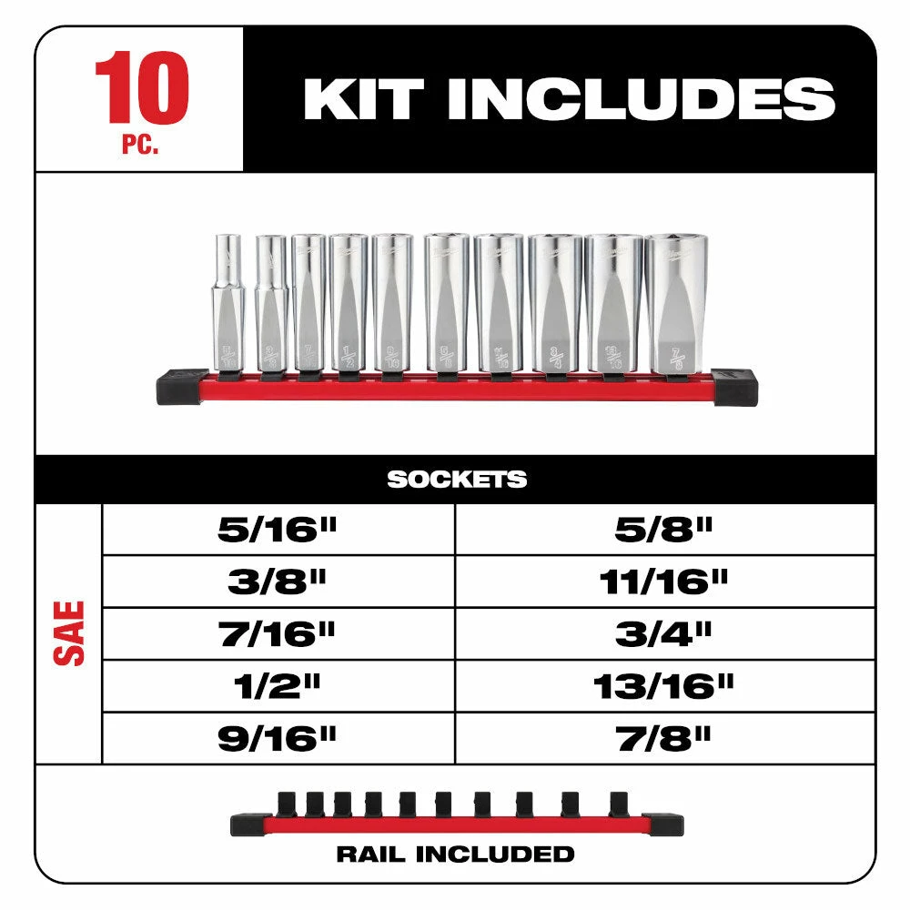 Milwaukee 48-22-9405 3/8" Drive Deep Well SAE Socket Set - 10pc 4 Milwaukee 48-22-9405 3/8" Drive Deep Well SAE Socket Set - 10pc