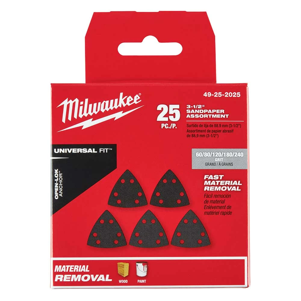 Tools & Equipment Milwaukee 49-25-2025 OPEN-LOK 3-1/2" Triangle Sandpaper Variety Pack - 25 PC 3 Tools & Equipment Milwaukee 49-25-2025 OPEN-LOK 3-1/2" Triangle Sandpaper Variety Pack - 25 PC