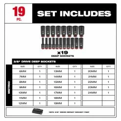 Milwaukee 49-66-6816 SHOCKWAVE 3/8” Impact Duty Socket MM TRAY Set - 19 PC Tools & Equipment