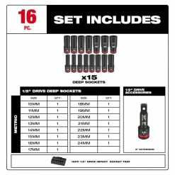 Milwaukee 49-66-6818 SHOCKWAVE 1/2” Impact Duty Socket MM TRAY Set - 16 PC Tools & Equipment