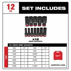 Milwaukee 49-66-7011 SHOCKWAVE 1/2" Drive SAE 6 Point Impact Socket Set - 12PC