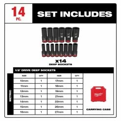 Milwaukee 49-66-7014 SHOCKWAVE 1/2" Impact Duty Metric Deep Socket Set - 14 PC