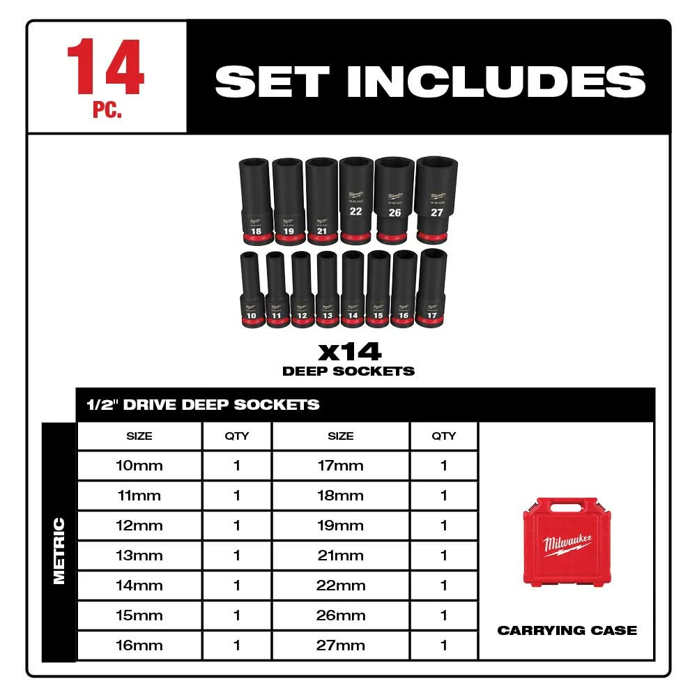 Milwaukee 49-66-7014 SHOCKWAVE 1/2" Impact Duty Metric Deep Socket Set - 14 PC 4 Milwaukee 49-66-7014 SHOCKWAVE 1/2" Impact Duty Metric Deep Socket Set - 14 PC