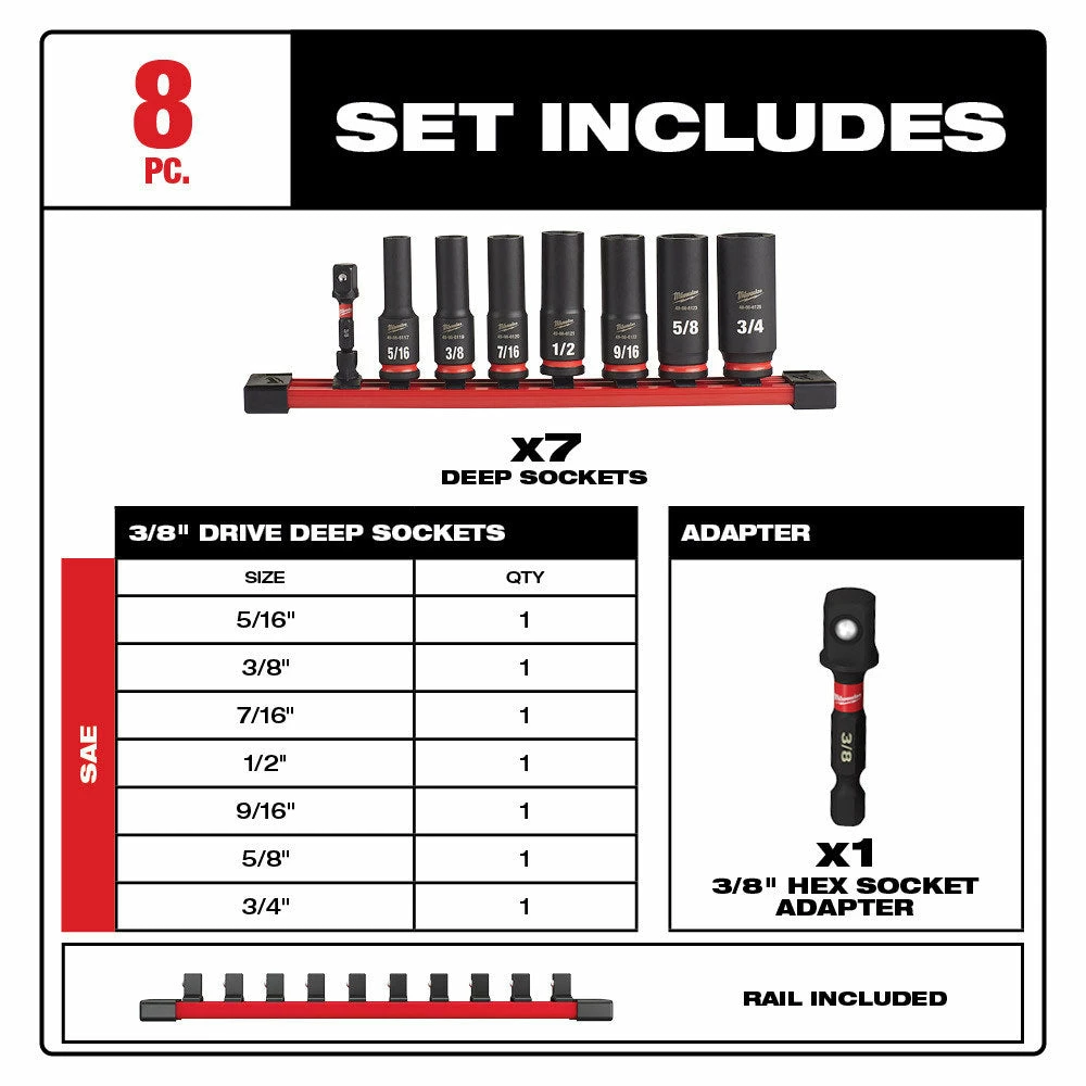 Milwaukee 49-66-7024 SHOCKWAVE 3/8" Drive SAE 6 Point Impact Socket Set - 8PC Tools & Equipment 4 Milwaukee 49-66-7024 SHOCKWAVE 3/8" Drive SAE 6 Point Impact Socket Set - 8PC Tools & Equipment