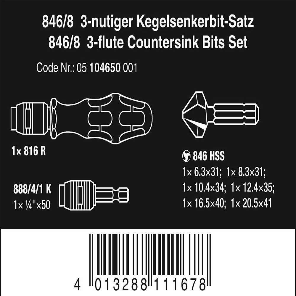 Wera 05104650001 846/8 3-Flute Ergonomic Durable Countersink Bits Set - 8 PC Tools & Equipment 4 Wera 05104650001 846/8 3-Flute Ergonomic Durable Countersink Bits Set - 8 PC Tools & Equipment