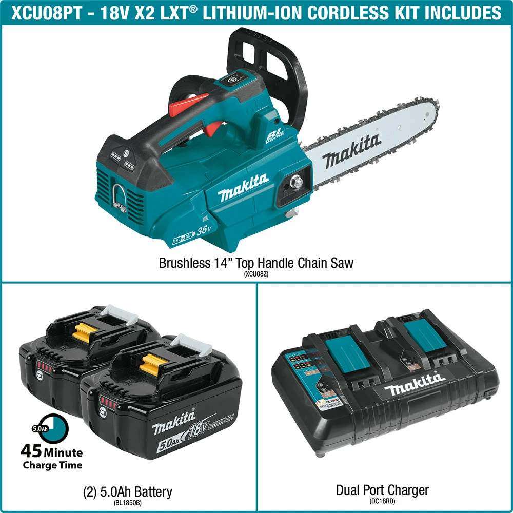 Lawn & Outdoor Power Makita XCU08PT 18V X2 36V 14" Li-Ion Brushless Top Handle Chain Saw Kit 5 Lawn & Outdoor Power Makita XCU08PT 18V X2 36V 14" Li-Ion Brushless Top Handle Chain Saw Kit