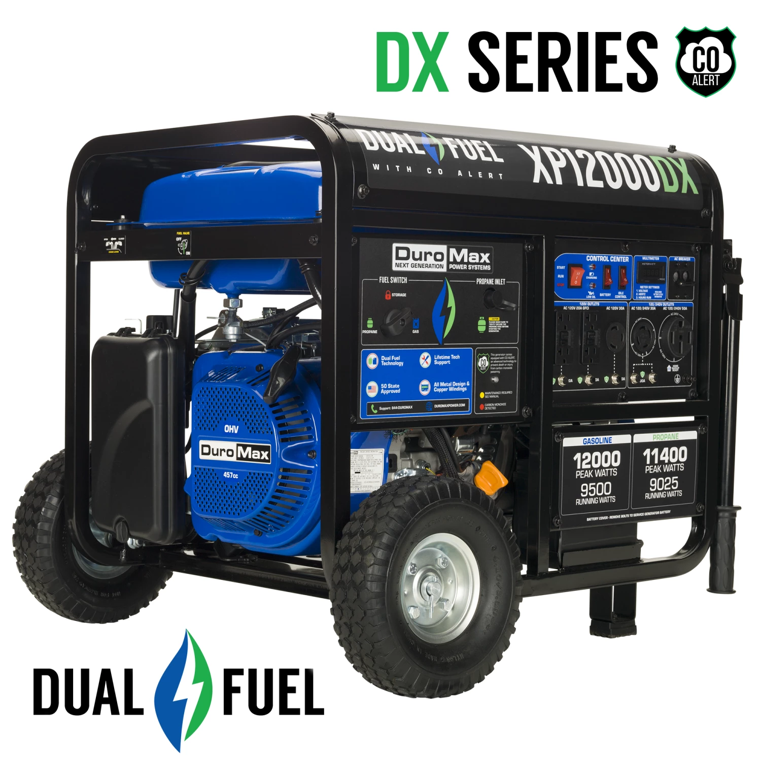 Dual Fuel Generators DuroMax XP12000DX 12,000 Watt Dual Fuel Gas Propane Portable Generator W/ CO Alert 3 Dual Fuel Generators DuroMax XP12000DX 12,000 Watt Dual Fuel Gas Propane Portable Generator W/ CO Alert