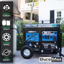 DuroMax XP13000HX 13,000 Watt Portable Dual Fuel Gas Propane CO Alert Generator Gasoline Generators