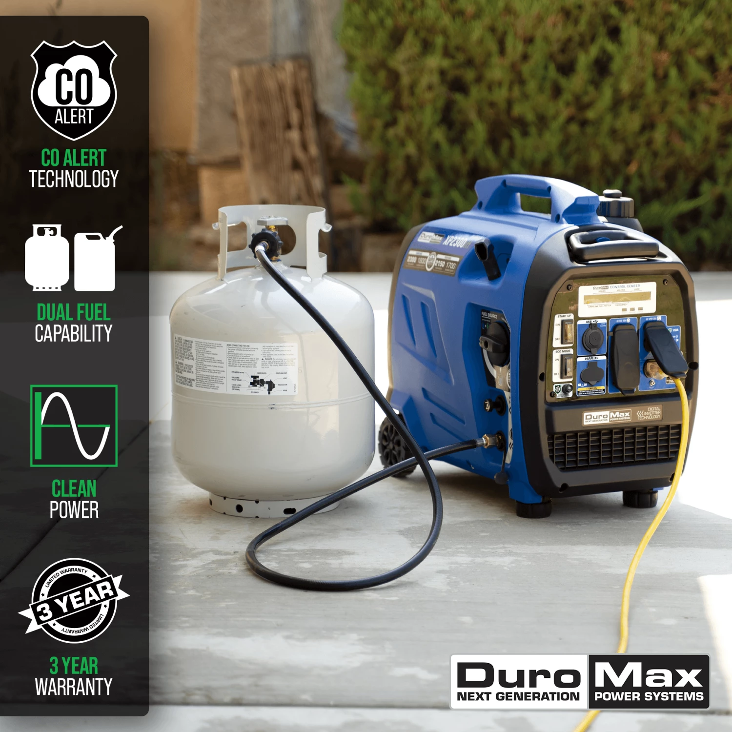 DuroMax XP2300iH 2,300 Watt Portable Dual Fuel Inverter Generator W/ CO Alert 4 DuroMax XP2300iH 2,300 Watt Portable Dual Fuel Inverter Generator W/ CO Alert