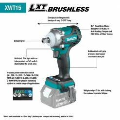 Tools & Equipment Makita XWT15Z 18V 1/2" LXT Cordless Impact Wrench Kit W/ Detent Anvil -Bare Tool