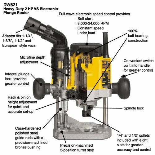 Tools & Equipment DeWALT DW621 2HP Electronic Variable Speed Plunge Router Tool - Electric 6 Tools & Equipment DeWALT DW621 2HP Electronic Variable Speed Plunge Router Tool - Electric